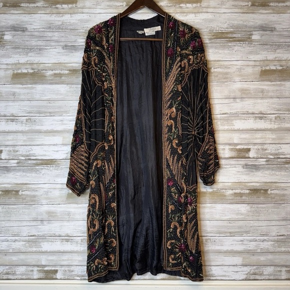 Judith Ann Creations Vintage Beaded Duster Jacket Coat 1980s Silk Designer Art - Picture 2 of 13